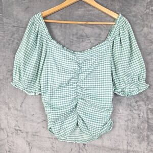 Womens‎ Top Large Green Gingham Plaid Milkmaid Coquette Cottagecore Open Back